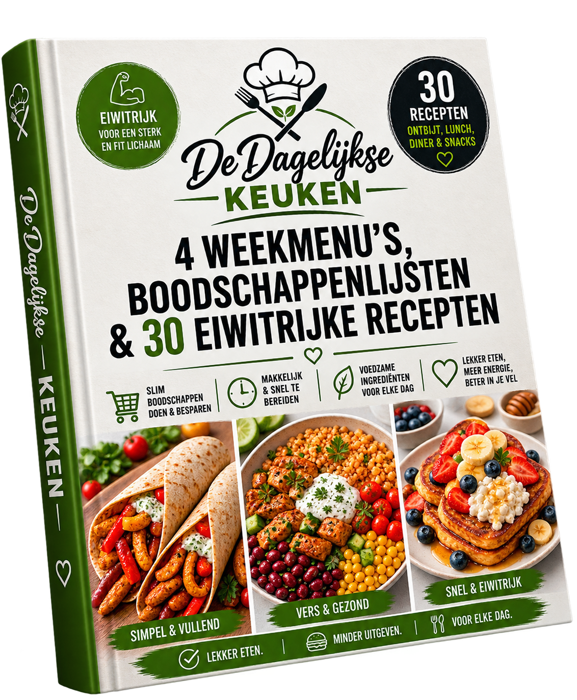 De Dagelijkse Keuken e-book met 4 weekmenu's, boodschappenlijsten en 30 eiwitrijke recepten